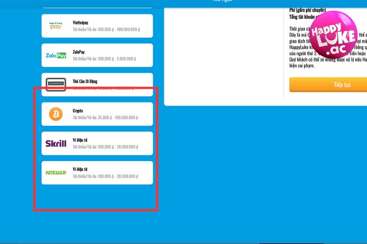 Gửi tiền HappyLuke thông qua hình thức khác
